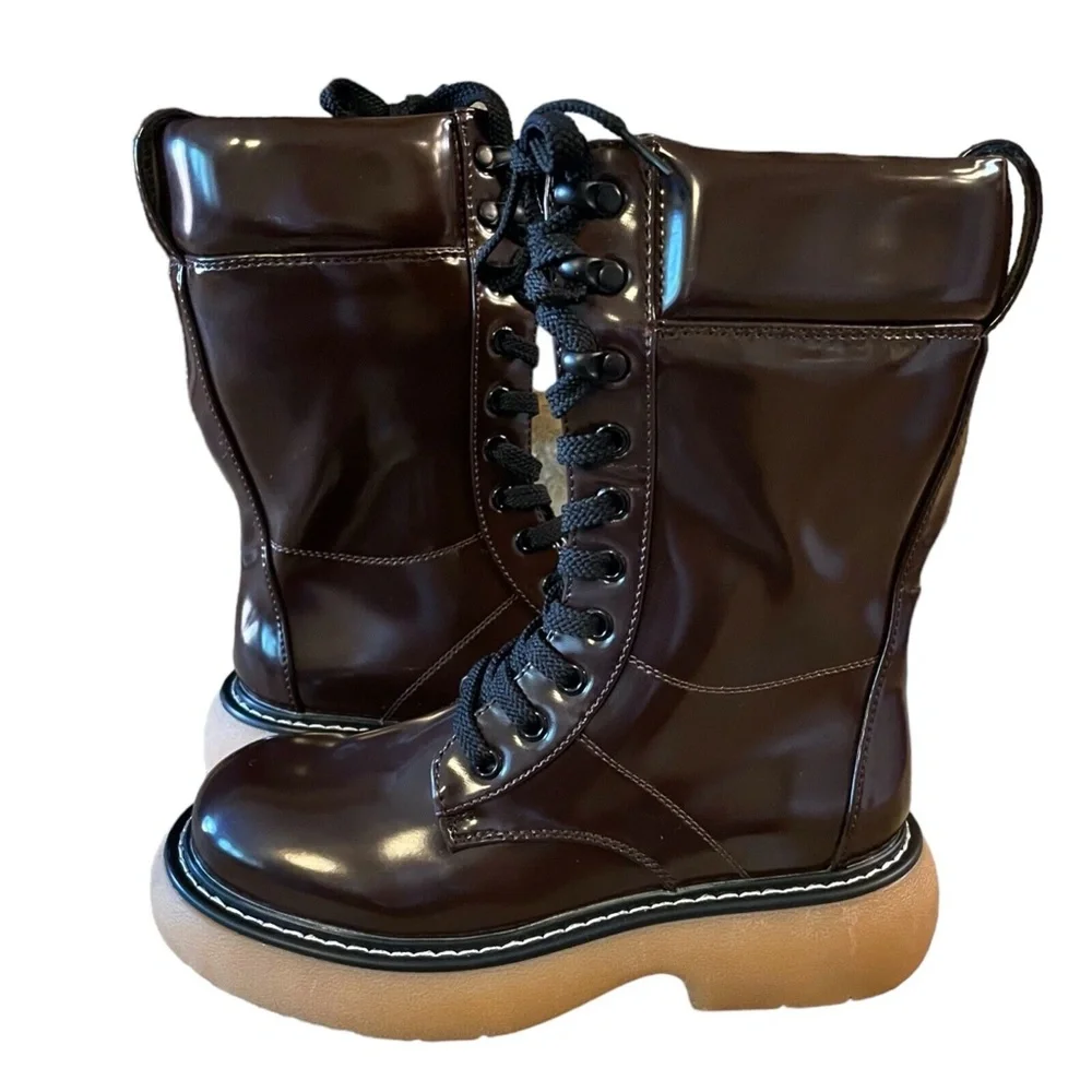 Dream Pairs‎ Girls Lace Up Chunky Platform Boots Size 5.5 Brown Side Zip
